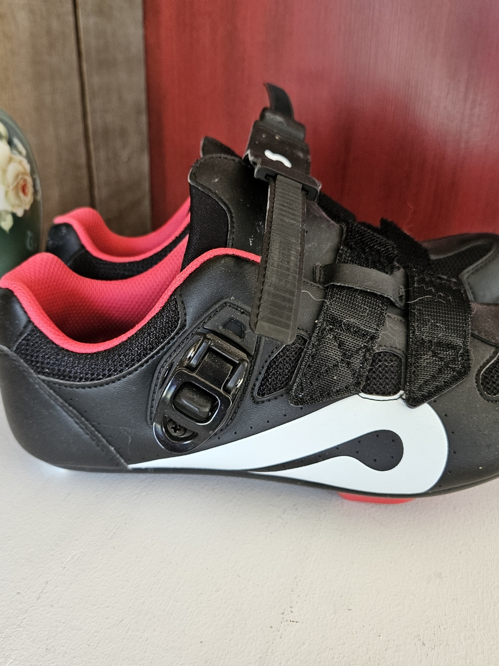 Womens Black and Pink Cycling Shoes with White Accent